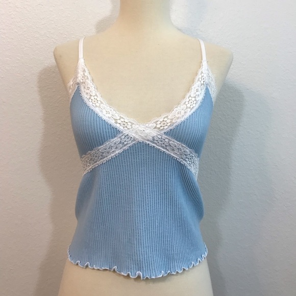 Forever 21 Tops - Forever 21 Light Blue Ribbed Cami with White Lace Trim Size Small/Medium